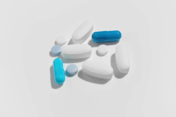 白い背景に多くの異なるカラフルな薬や薬 — ストック写真