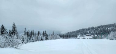Kış mevsiminde yol ve dağlarla kaplı kış manzarası.