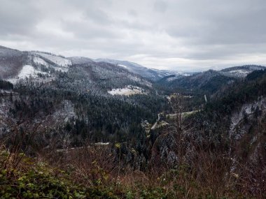 Dağları ve ağaçları olan güzel kış manzarası