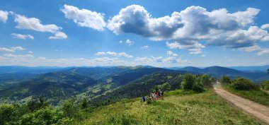 Yaz manzarası, arka planda bir dağ ve bir yol.