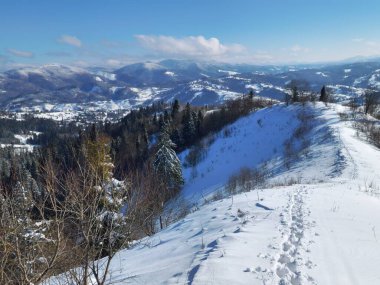 Karpatların dağ manzarası, Ukrayna, güzel bir kış günü.