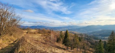 Dağın tepesinden manzara. Karpatların köyü..
