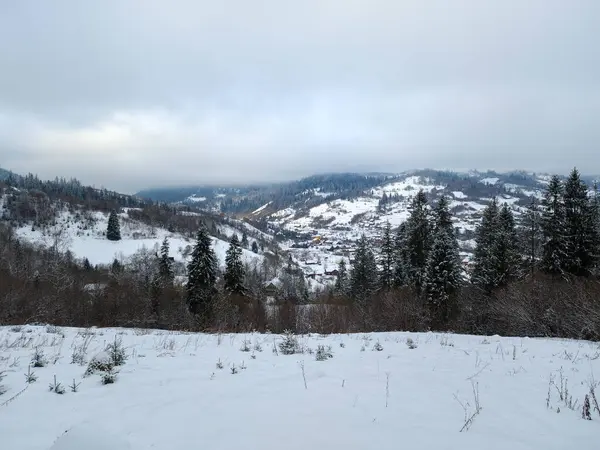 Karpatya dağlarında bir köyü olan kış manzarası