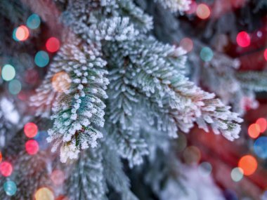 Önplanda parlayan renkli bokeh neşeli bir hava yaratıyor, sıcaklık ve kutlama atmosferi yaratıyor. Arka planda bir kış manzarası mevsimlik cazibenin büyülü bir karışımıyla Noel ve Yeni Yıl 'ın özünü yakalıyor..