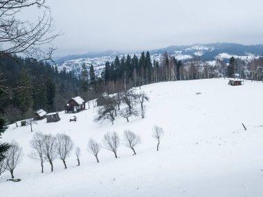 Dağlardaki küçük bir köyün kış manzarası.
