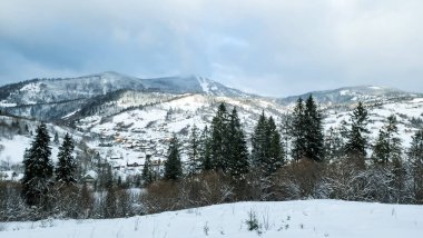 Kış manzarası karla kaplı ağaçların güzelliğiyle süslenir. Görkemli ve dingin bir manzara, doğanın saf bir kar örtüsüyle değişen sessiz zerafetini yakalar ve büyüleyici bir kış harikalar diyarı yaratır..