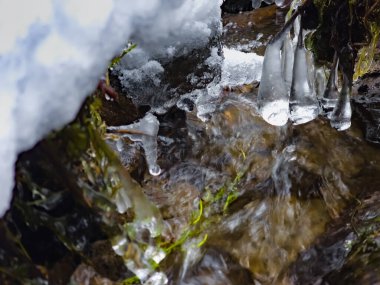 Buz saçakları ve karlı donmuş dağ akıntısı
