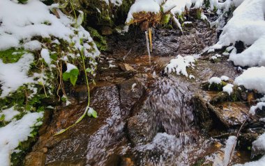Buz saçakları ve karlı donmuş dağ akıntısı
