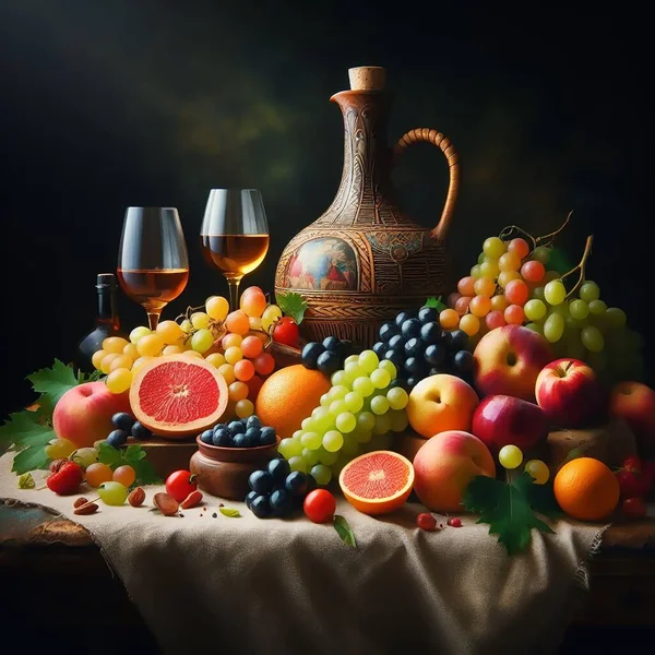 still life of fresh fruits and wine