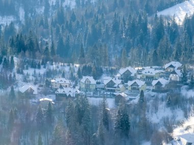 Karla kaplı ağaçlarla kaplı güzel kış manzarası