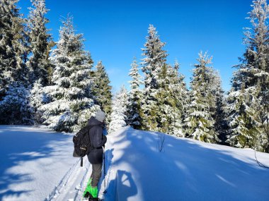 Bir adam bir snowboardcuyla dağlarda yürüyor..