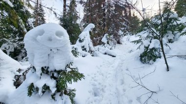 Kardan bir adamla ormanda karla kaplı bir patika.