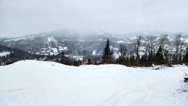 Karlı bir tepede kayak yapan biri.