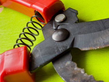 Canlı kırmızı saplı siyah bir bahçe budama makinesi kullanıma hazır, işlevselliği bir renk patlaması ile harmanlıyor. Bu kullanışlı araç kolay ve stil ile bahçıvanlık görevleri ele almak için hazırlanmış.