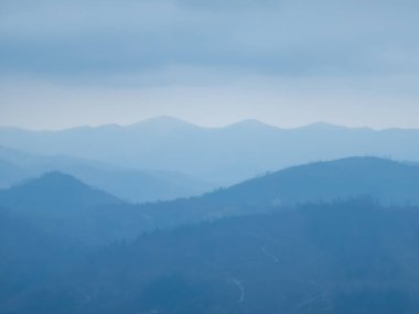 Dağlar sisli manzaraya sahiptir. Karpatlar, Ukrayna