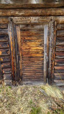 Ormanda penceresi olan eski ahşap kapı.