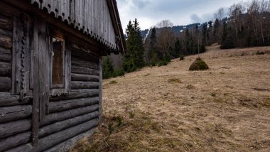 Kışın karlı bir ormanda ahşap bir kulübe.