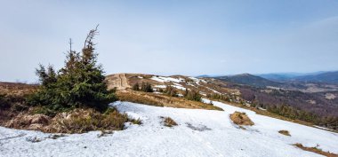 Kış dağı manzarası. Dağlar karla ve ağaçlarla kaplı..
