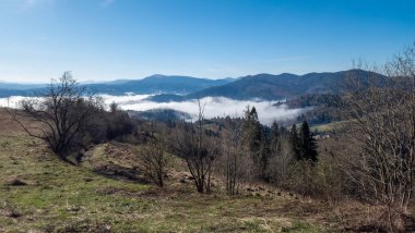 Sabahları Karpat Dağları 'ndaki yüksek bir dağdan vadiye manzara.