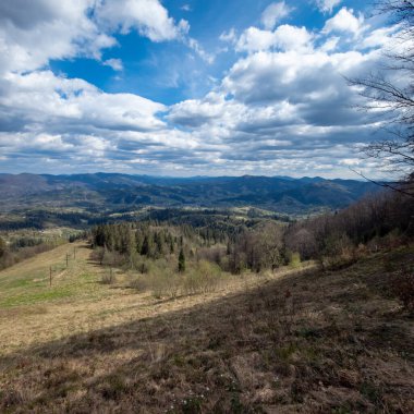 Karpatlar 'da bahar manzarası, Ukrayna. Yukarıdan bakıldığında, Lypathians köyü, Ukrayna.