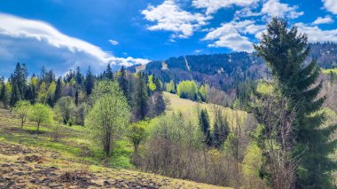 Bir dağ yolu ve arka planda küçük bir köy olan bahar manzarası.