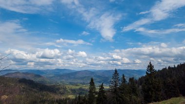 Yeşil çimenler ve mavi gökyüzü ile yaz dağları manzarası