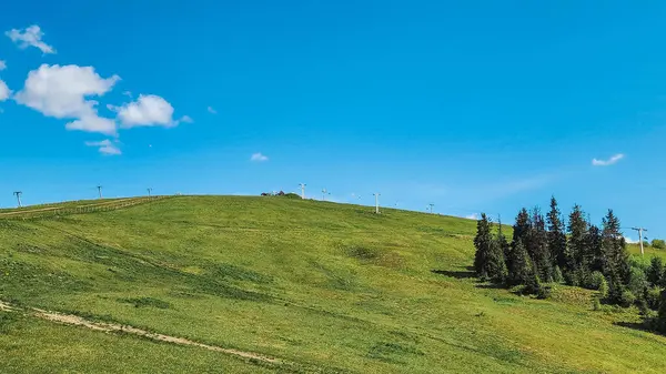 Mavi gökyüzü ve bulutları olan yeşil dağ yamacı. Yaz dağı manzarası.