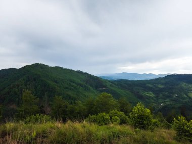 Mavi gökyüzü olan yeşil dağlar. Yaz dağı manzarası