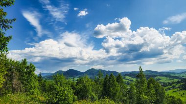 Yazın bir dağ köyü olan güzel bir manzara.