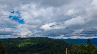 Dağları ve ormanı olan güzel bir manzara.