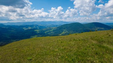 Mavi gökyüzü ve bulutlarla yeşil dağ çayırı.