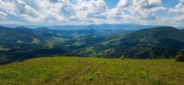 Karpat Dağları 'nda yaz mevsimi, Ukrayna. Dağlara giden yol ve tepelerin ormanları.