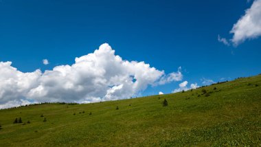 Yeşil çimenleri ve mavi gökyüzü olan güzel dağ manzarası