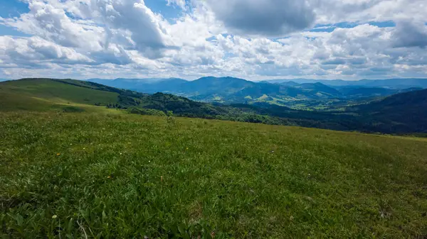 Dağlı yeşil çayır ve yazın mavi gökyüzü.