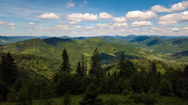 Güneşli bir günde Ukrayna Karpatlarında yaz dağları. hava aracı görünümü.