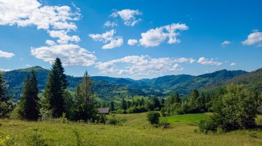 Yazın Karpat Dağları 'nda yeşil vadisi olan bir dağ sırasının güzel manzarası.