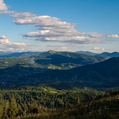 Yazın Karpat Dağları. Akşamları Karpatlar 'da manzara.