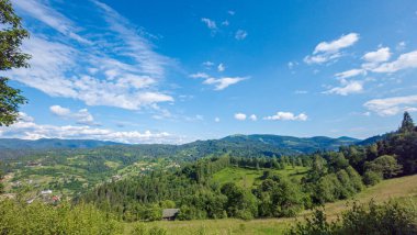 Mavi gökyüzü olan yeşil dağ ormanı. Yaz manzarası