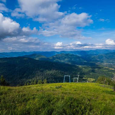 Karpatlar 'ın arka planında orman ve dağı olan güzel bir yaz manzarası.