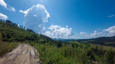 Yeşil çimlerin arasından yol ve dağlardaki mavi gökyüzü.