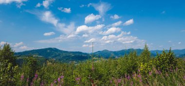 Dağları ve mavi gökyüzü olan güzel bir manzara.
