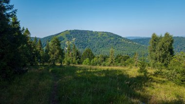 yatay yaz yeşil tepeler ve mavi gökyüzü.