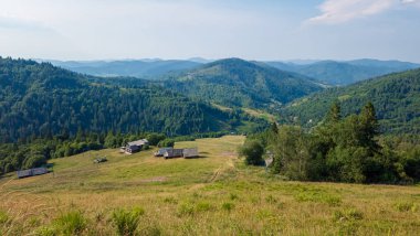 Sabahları Ukraynalı Karpatların yaz manzarası. Köyün manzarası. hava durumu.