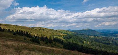 Yeşil ağaçlı, mavi gökyüzü ve bulutlu yaz dağları manzarası.