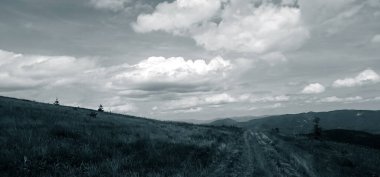 Karpatlar 'da dağlar olan siyah ve beyaz bir manzara. ukraine