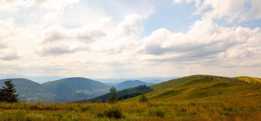 Ormanı ve bulutlu gökyüzü olan güzel dağ manzarası
