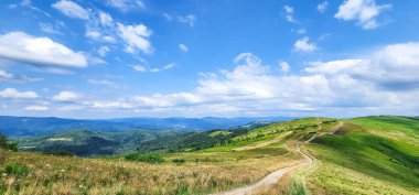 Yeşil çimenli yaz manzarası, mavi gökyüzü beyaz bulutlar ve yeşil tepeler