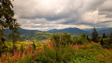 Güzel yaz manzarası, önplanda dağlar ve bulutlu bir gökyüzü..