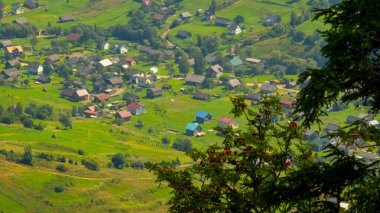 Karpatya dağlarının yamaçlarındaki köye bakın.