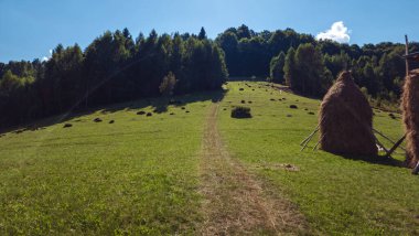 Arka plandaki dağlarda saman yığınları